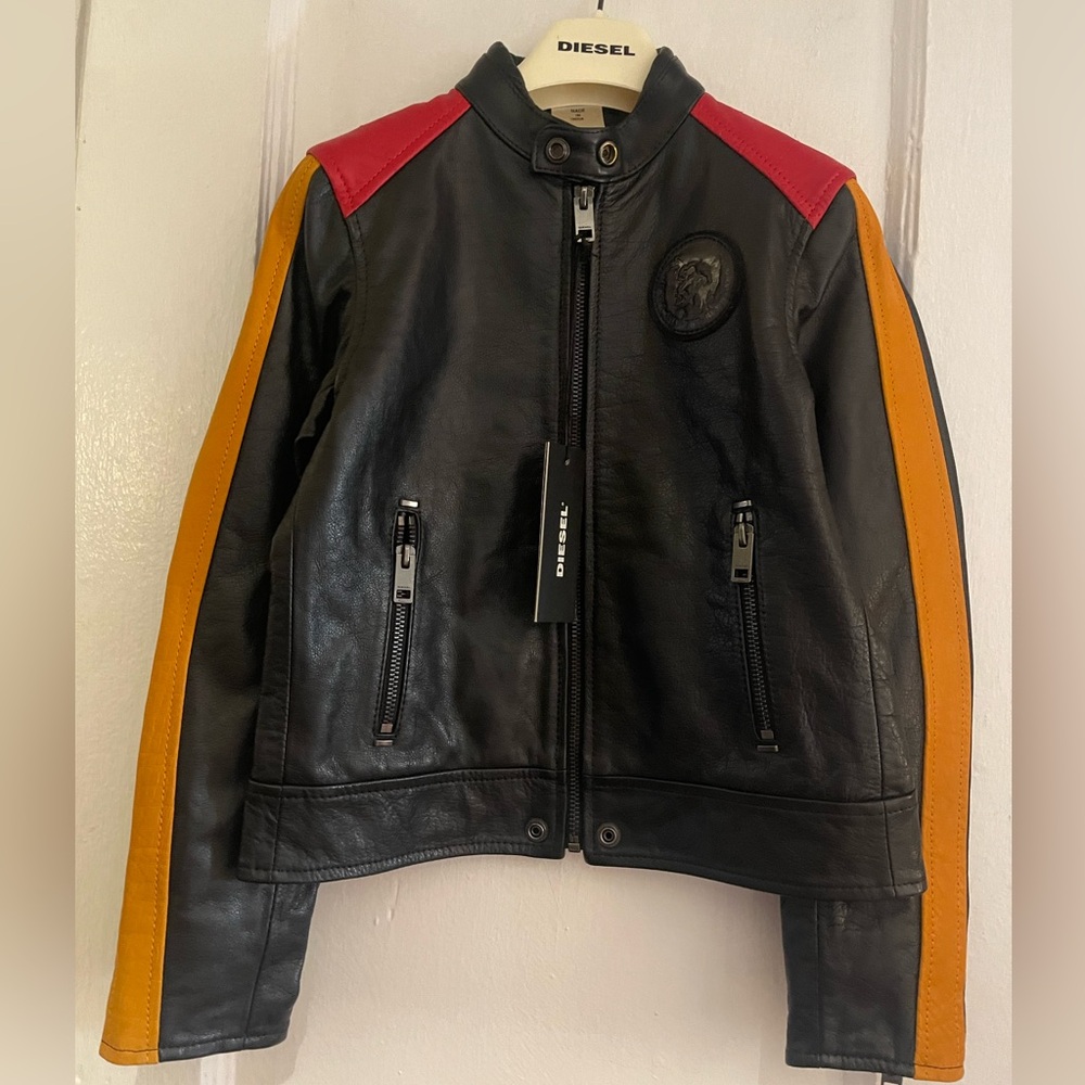 Diesel Black Color Block Leather Motorcycle Jacket